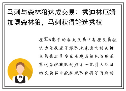 马刺与森林狼达成交易：秀迪林厄姆加盟森林狼，马刺获得轮选秀权