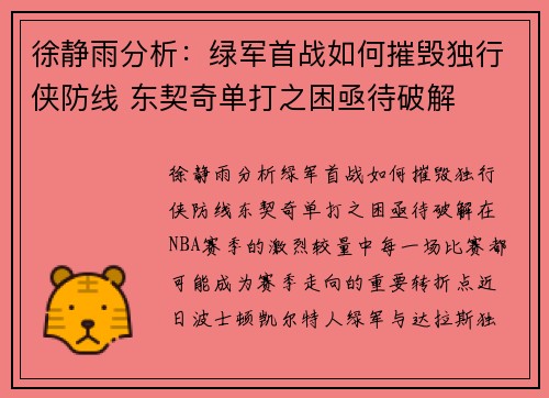 徐静雨分析：绿军首战如何摧毁独行侠防线 东契奇单打之困亟待破解