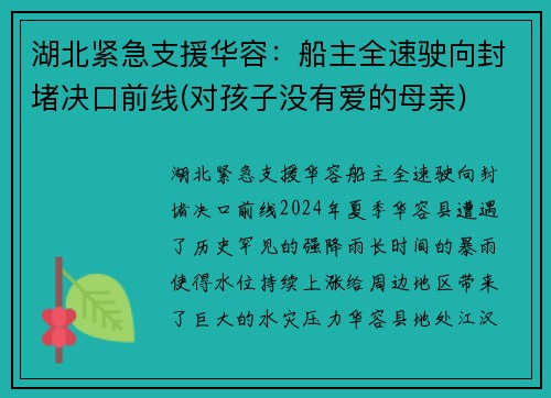 湖北紧急支援华容：船主全速驶向封堵决口前线(对孩子没有爱的母亲)