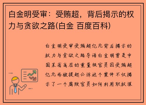 白金明受审：受贿超，背后揭示的权力与贪欲之路(白金 百度百科)