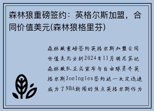 森林狼重磅签约：英格尔斯加盟，合同价值美元(森林狼格里芬)