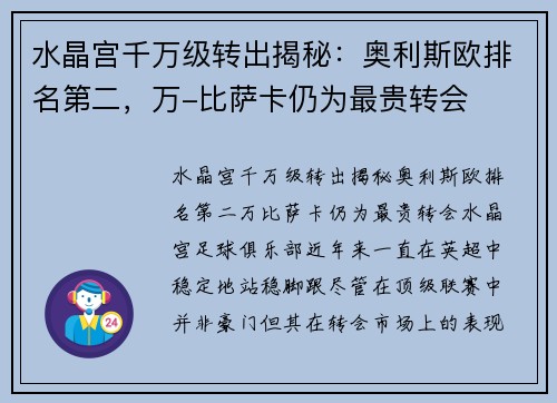 水晶宫千万级转出揭秘：奥利斯欧排名第二，万-比萨卡仍为最贵转会