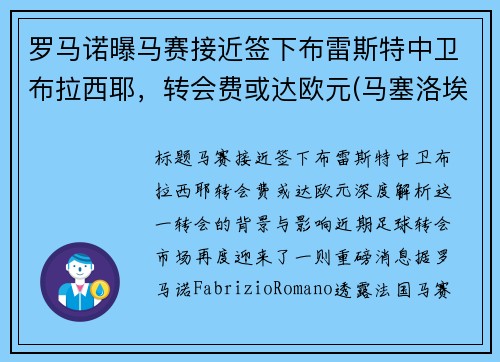 罗马诺曝马赛接近签下布雷斯特中卫布拉西耶，转会费或达欧元(马塞洛埃布拉德)